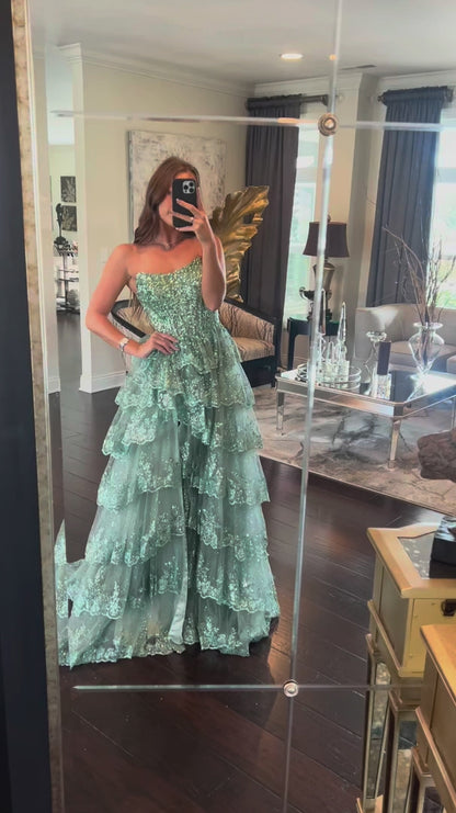 Bescheidenes Ballkleid, trägerlos, hellgrün, ärmellos, edles Ballkleid, Inspiration, Partykleid, Prinzessinnen-Abschlusskleid B648