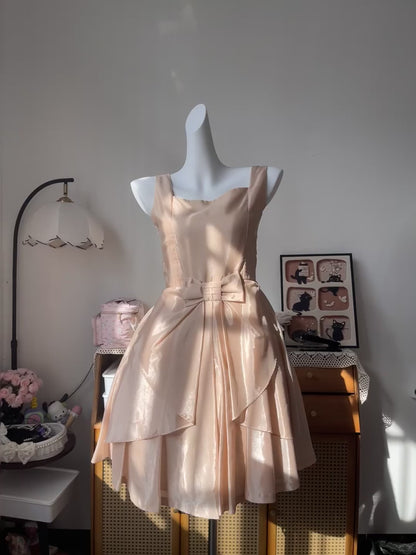 Vintage Ball Gown Square Neck Pink With Bow 16th Birthday Homecoming Dress Graduation Outfits RB6796