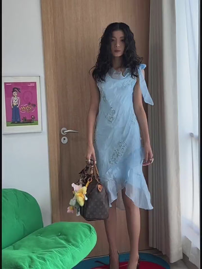Vintage Meerjungfrauen-Abendkleid aus den 1980er Jahren, knielang, blau mit Perlen, Inspiration für Partys, Abendkleider, Outfits zum 18. Geburtstag AB2373