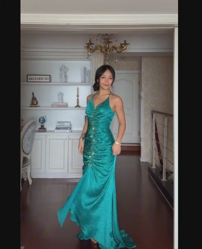 Vintage 1950s Formal Mermaid Halter Dark Green Satin Sleeveless Long Prom Dresses Party Formal Gowns AS080