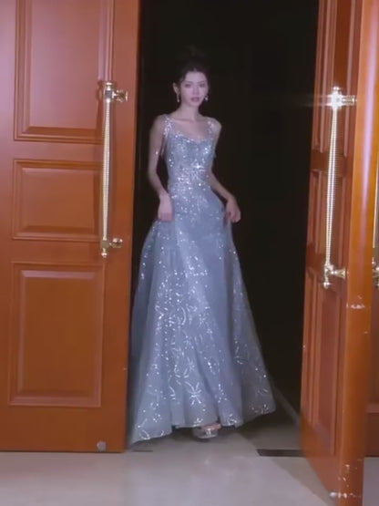 Magnifique robe de bal bleue à sequins, col carré, longue, idéale pour un bal de fin d'année, une soirée, un anniversaire de 16 ans ou une remise de diplôme (AB2242).