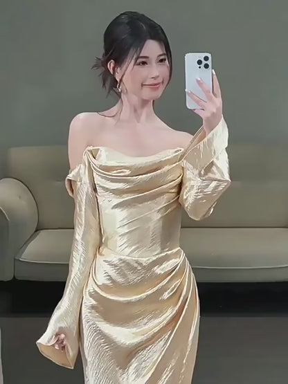 Robe de bal sirène unique à épaules dénudées et manches longues dorées - Inspiration pour une soirée d'anniversaire de 20 ans AB2254