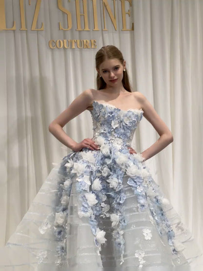 Fairytale White Tulle Strapless A-Line 3D Applique Trailing Wedding Dress RF0656