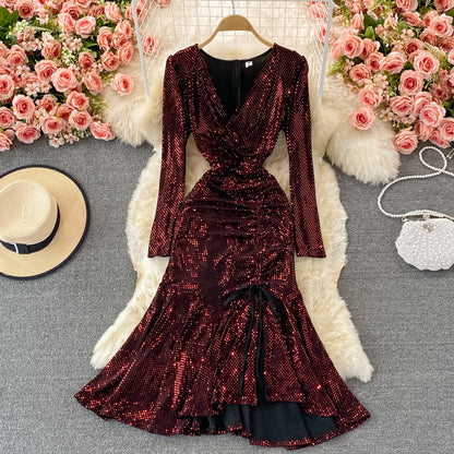 Robe mignonne à manches longues et col en V avec paillettes, robe tendance RF0365