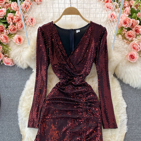 Cute V Neck Sequins Long Sleeve Dress Fashion Dress RF0365