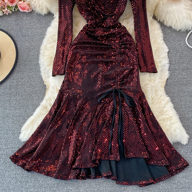 Robe mignonne à manches longues et col en V avec paillettes, robe tendance RF0365