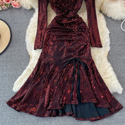 Robe mignonne à manches longues et col en V avec paillettes, robe tendance RF0365