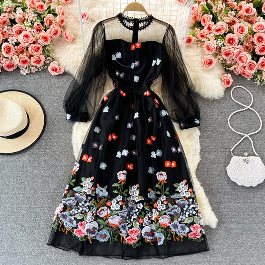 Black Lace Tulle Long Sleeve Dress Fashion Dress RF0362