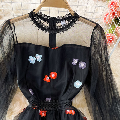 Black Lace Tulle Long Sleeve Dress Fashion Dress RF0362