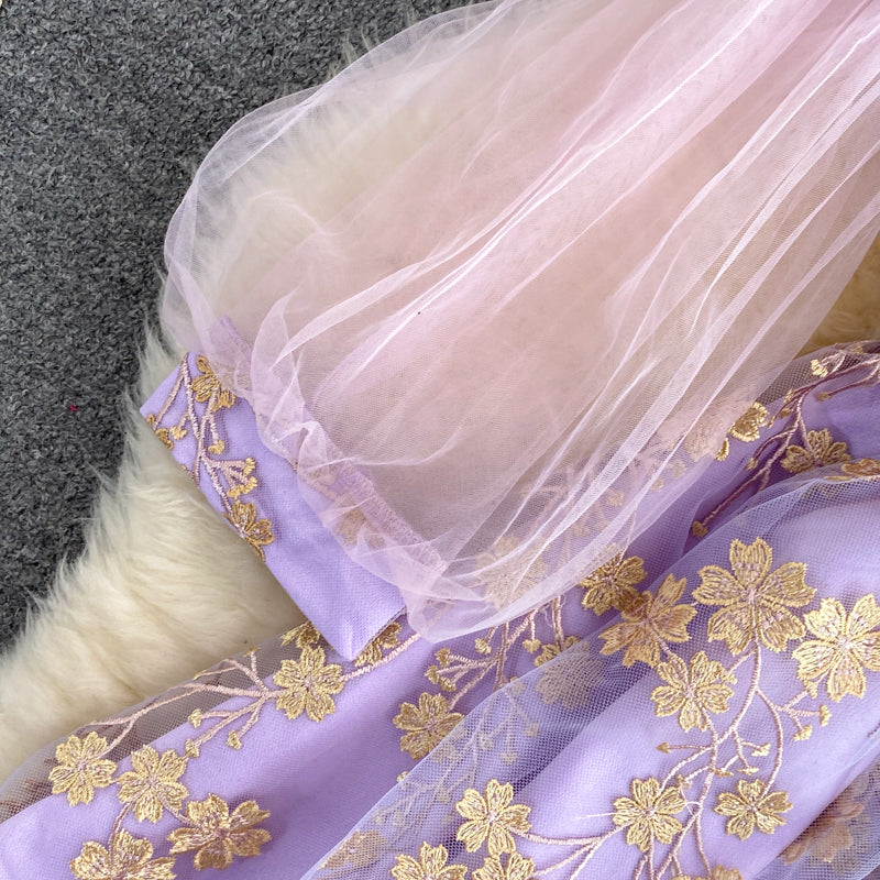 Purple Lace Tulle Long Sleeve Dress Fashion Dress RF0361