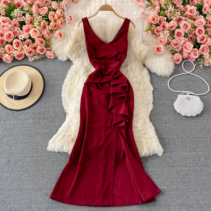 Robe rouge à col en V, robe tendance RF0360