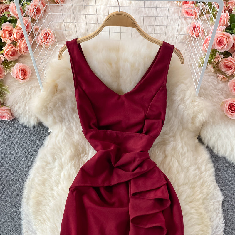 Robe rouge à col en V, robe tendance RF0360