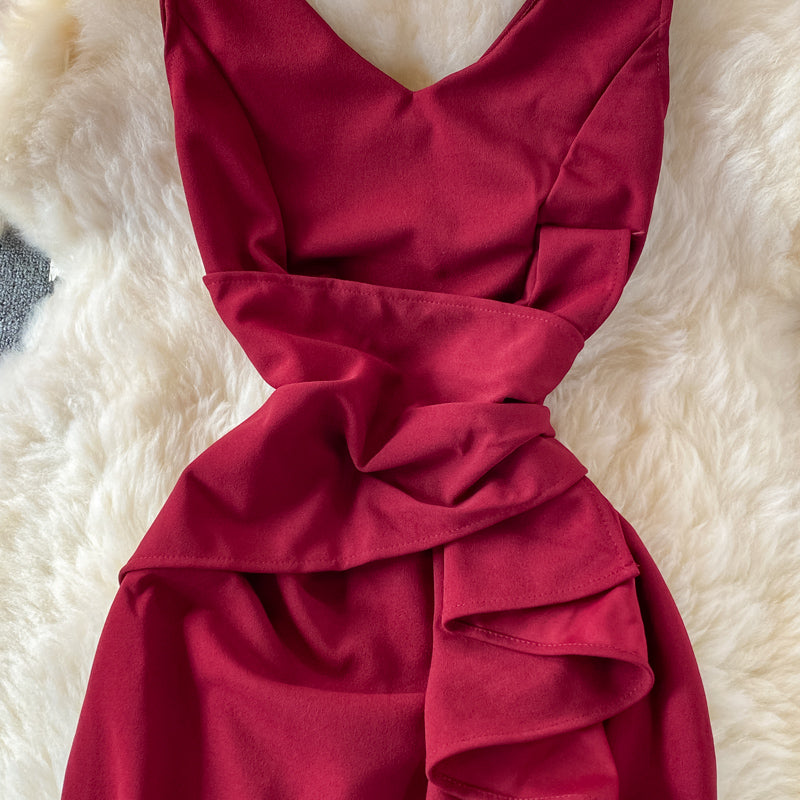 Robe rouge à col en V, robe tendance RF0360