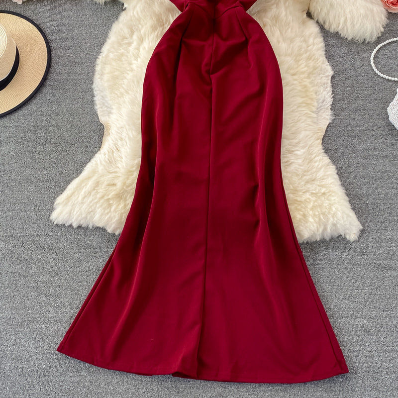 Robe rouge à col en V, robe tendance RF0360