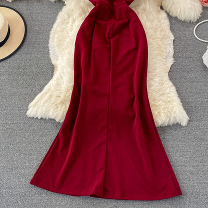 Robe rouge à col en V, robe tendance RF0360