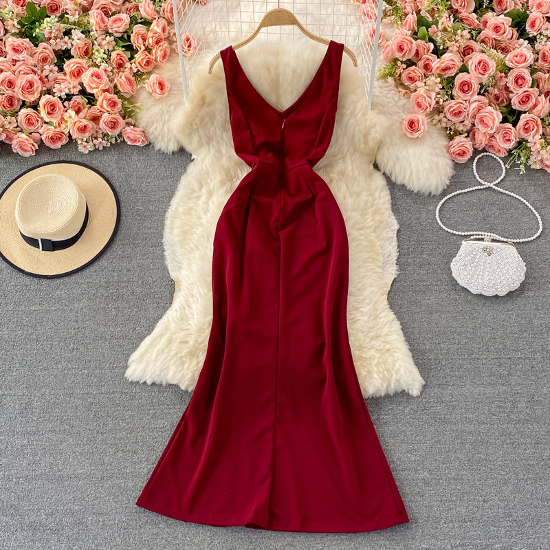 Robe rouge à col en V, robe tendance RF0360