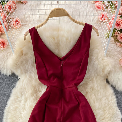 Robe rouge à col en V, robe tendance RF0360