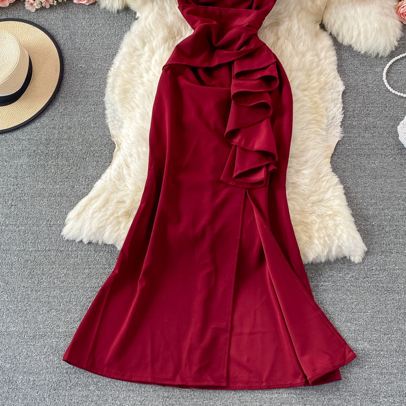 Robe rouge à col en V, robe tendance RF0360