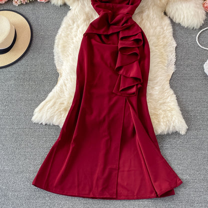 Robe rouge à col en V, robe tendance RF0360