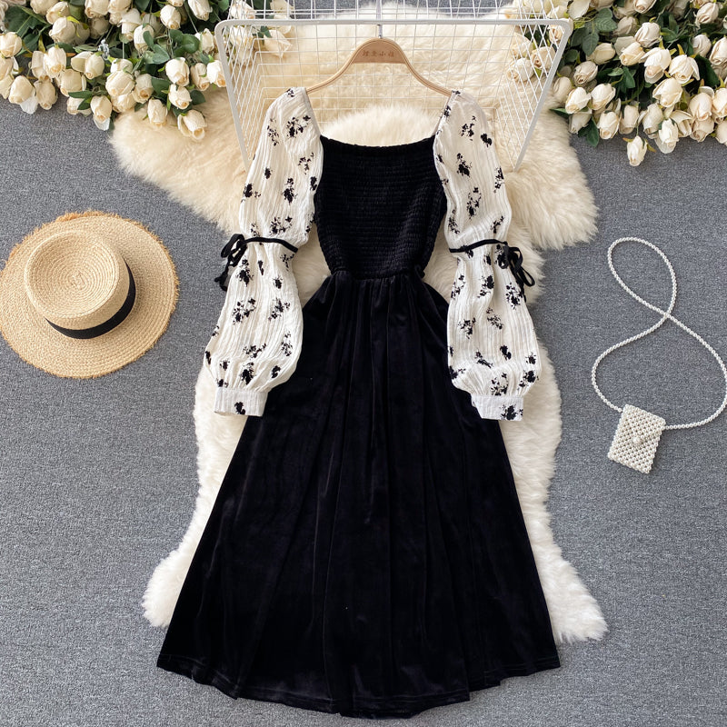 Robe trapèze en velours noir à manches longues, robe tendance RF0356