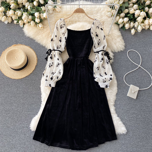 Black Velvet A Line Long Sleeve Dress Fashion Dress RF0356