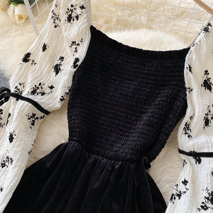 Robe trapèze en velours noir à manches longues, robe tendance RF0356
