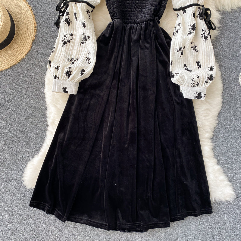 Robe trapèze en velours noir à manches longues, robe tendance RF0356
