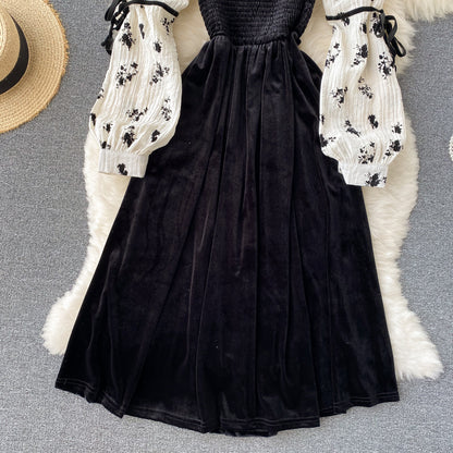 Robe trapèze en velours noir à manches longues, robe tendance RF0356