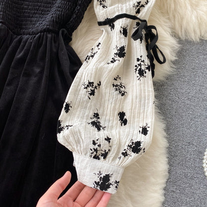 Robe trapèze en velours noir à manches longues, robe tendance RF0356