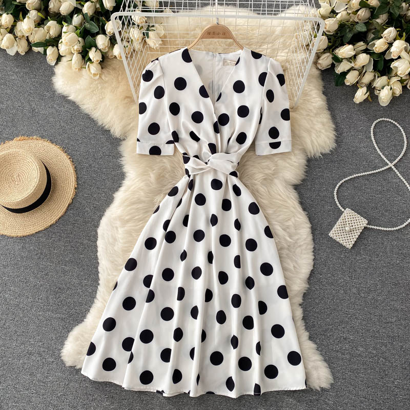 Cute Polka Dot V Neck Short Dress Fashion Dress RF0352