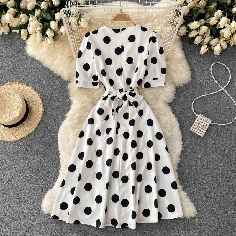 Cute Polka Dot V Neck Short Dress Fashion Dress RF0352