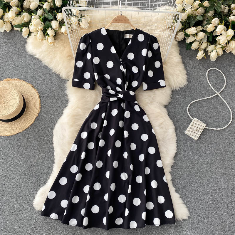 Cute Polka Dot V Neck Short Dress Fashion Dress RF0352
