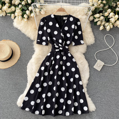 Cute Polka Dot V Neck Short Dress Fashion Dress RF0352