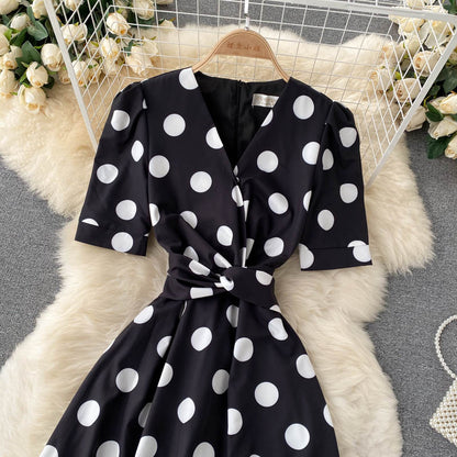Cute Polka Dot V Neck Short Dress Fashion Dress RF0352