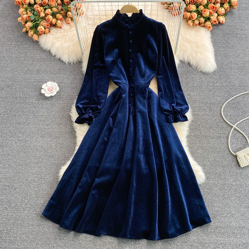 Blue Velvet Long Sleeve Dress Autumn Coat RF0345