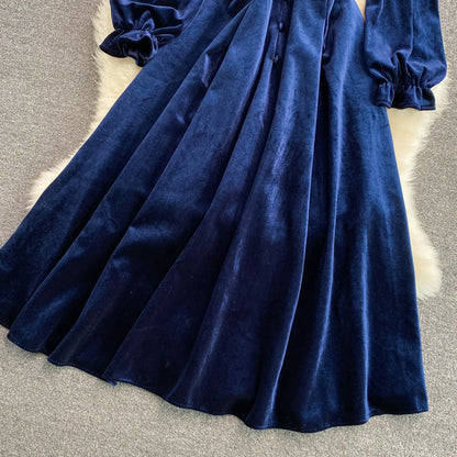 Blue Velvet Long Sleeve Dress Autumn Coat RF0345