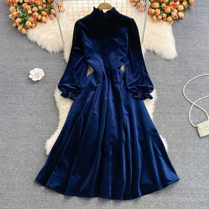 Blue Velvet Long Sleeve Dress Autumn Coat RF0345