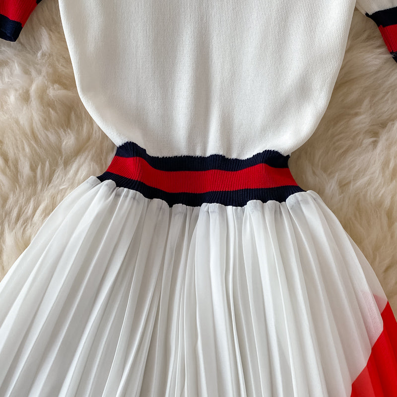 Stilvolles A-Linien-Strick-Patchworkkleid RF0338