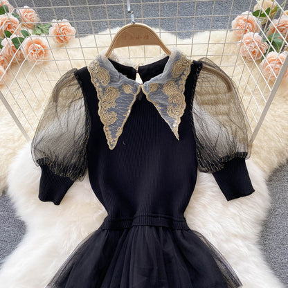 Stylish Black A Line Knitted Patchwork Dress RF0337