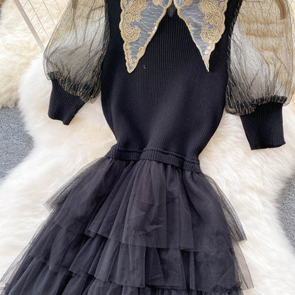 Stylish Black A Line Knitted Patchwork Dress RF0337