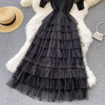 Stylish Black A Line Knitted Patchwork Dress RF0337