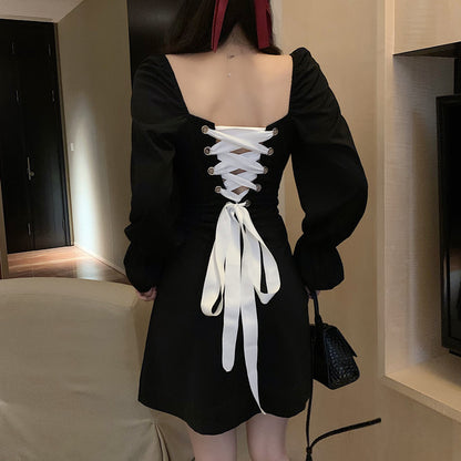 Schwarzes Langarmkleid in A-Linie, schwarzes Kleid RF0329