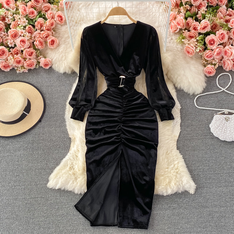 Sexy V-neck Dress With Hip Slits RF0322