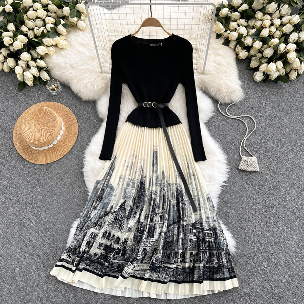 Schwarzes A-Linien-Strickkleid mit Einsätzen Schwarzes Langarmkleid RF0318