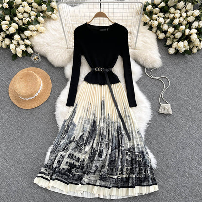 Schwarzes A-Linien-Strickkleid mit Einsätzen Schwarzes Langarmkleid RF0318