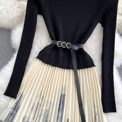 Schwarzes A-Linien-Strickkleid mit Einsätzen Schwarzes Langarmkleid RF0318