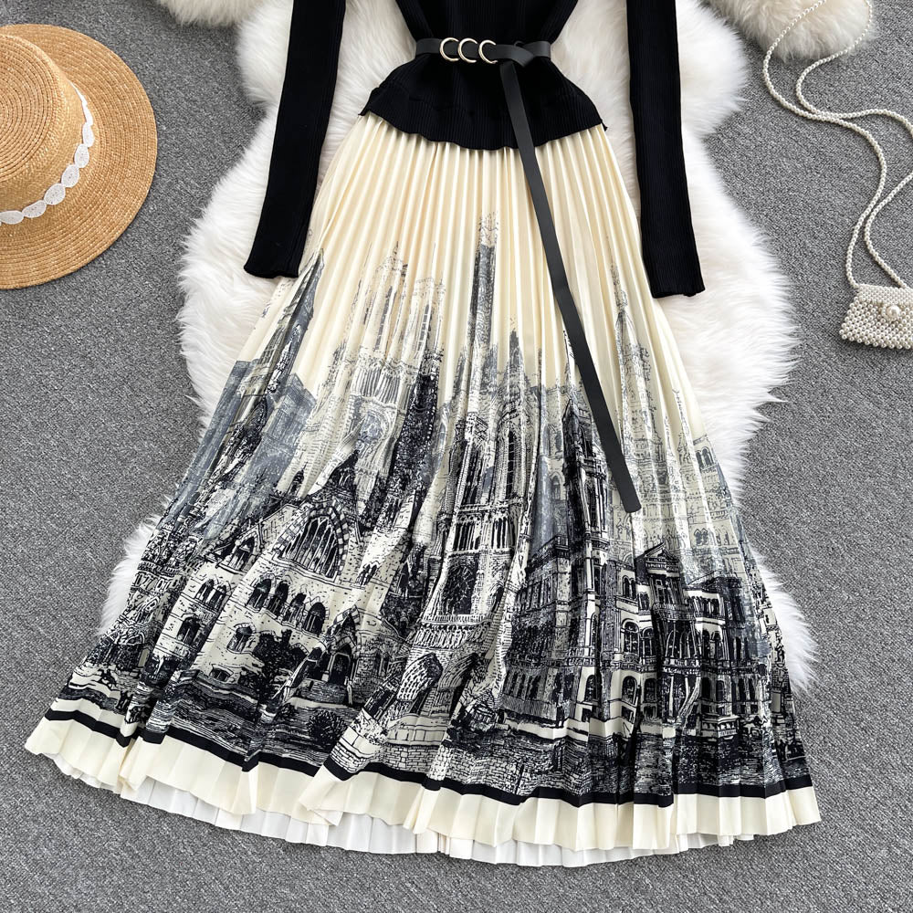 Schwarzes A-Linien-Strickkleid mit Einsätzen Schwarzes Langarmkleid RF0318