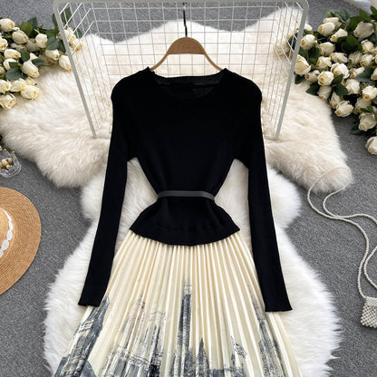 Schwarzes A-Linien-Strickkleid mit Einsätzen Schwarzes Langarmkleid RF0318
