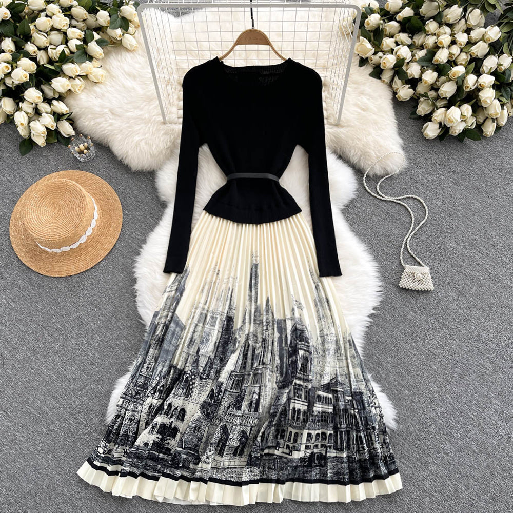 Schwarzes A-Linien-Strickkleid mit Einsätzen Schwarzes Langarmkleid RF0318