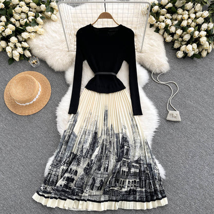 Schwarzes A-Linien-Strickkleid mit Einsätzen Schwarzes Langarmkleid RF0318